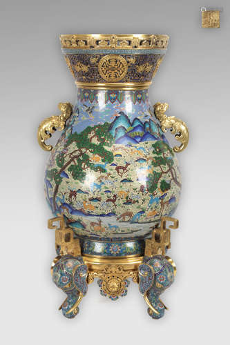 A LARGE COLORFUL CLOISONNE VASE-LIKE ORNAMENT WITH QIANLONG MARKING