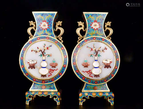 A PAIR OF CLOISONNE VASES EMBEDED JASPER&AGATE&LAPIS LAZULI