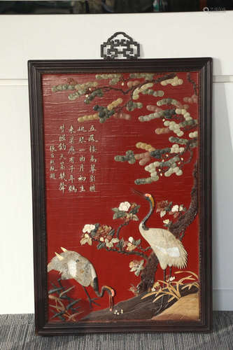 A WOOD SCREEN OF CRANE MADE FROM JASPER, SHOUSHAN STONE, AGATE, AND SHELLS