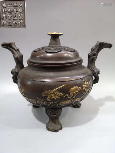 A BRONZE CENSER OF CRANE WITH LID AND XUANDE MARKING