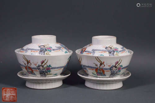 A PAIR OF TONGZHI MARK PORCELAIN TEA CUPS WITH STORY PATTERN