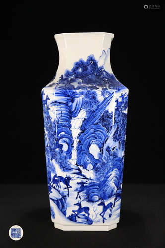 A BLUE&WHITE PORCELAIN SQUARE VASE PAINTED LANDSCAPE PATTERN