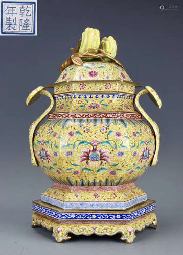 A CLOISONNE VASE WITH BERGAMOT SHAPED TOPPING