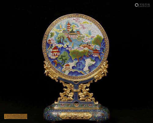 A CLOISONNE GOLD GILTED SCREEN IN LANDSCAPE VIEW