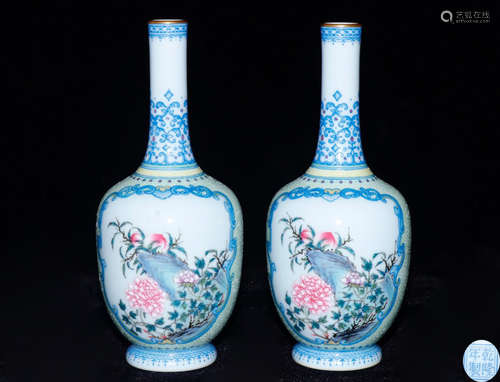 PAIR ENAMELED GILD FLORAL PATTERN VASE