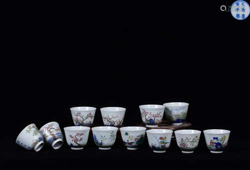 SET FAMILLE ROSE GLAZE TWELVE FLOWER CUPS