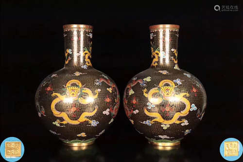 PAIR GILT BRONZE CLOISONNE DRAGON PATTERN VASE