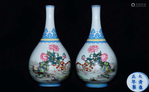 PAIR ENAMELED GLAZE GILD FLORAL PATTERN VASE