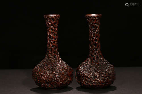 PAIR HUANGYANG WOOD CARVED HOLLOW PATTERN VASE