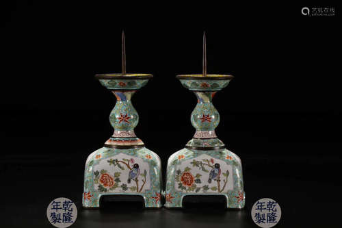 PAIR BRONZE CASTED ENAMELED CANDLE HOLDER