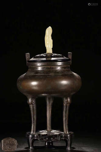 A BRONZE CASTED DOUBLE EAR TRIPOD CENSER