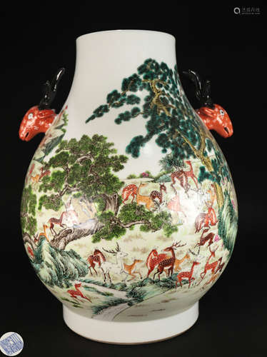 A FAMILLE ROSE DEER PATTERN ZUN VASE