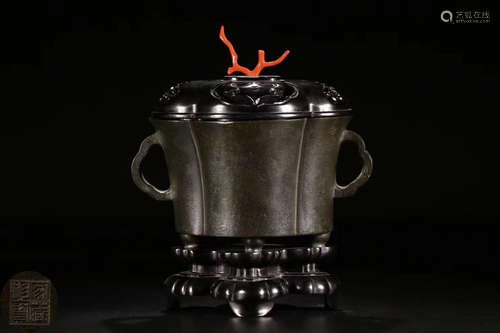 A BRONZE CASTED DOUBLE EAR TRIPOD CENSER