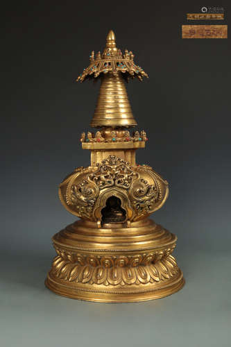 A GILT BRONZE CASTED RELIC STUPA