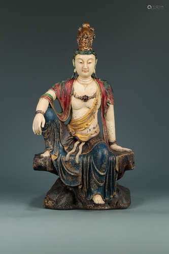 A XIANGZHANG WOOD CARVED COLORED GUANYIN BUDDHA