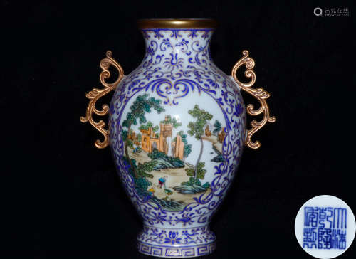 AN ENAMELED GLAZE LANDSCAPE PATTERN ZUN VASE