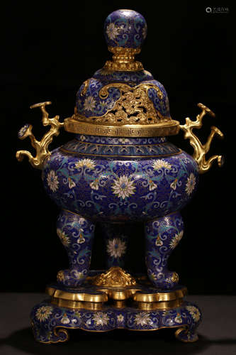 A CLOISONNE GILT BRONZE CASTED TRIPOD CENSER