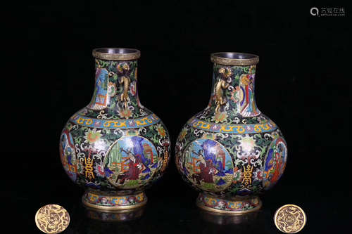 PAIR OLD CLOISONNE DOUBLE DRAGON EAR VASE