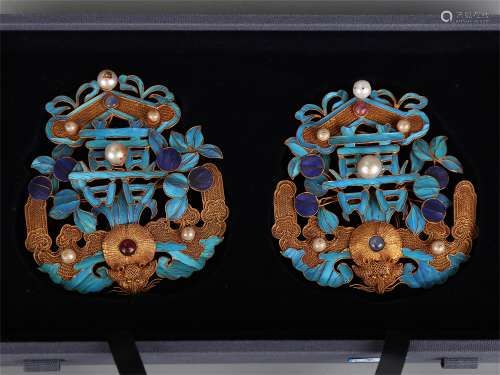 Pair of Chinese hat pins decorated with double happy characters.