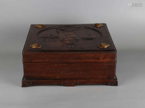 Chinese Huanghuali box with carved jade inlaid.
