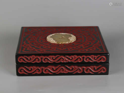 Chinese cinnabar box with carved jade inlaid.