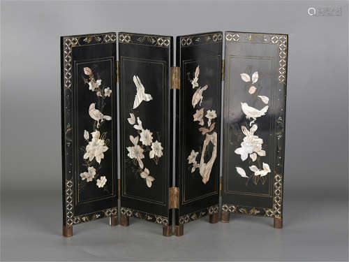 Four-panel Chinese gilt lacquer table screen with mother of pearl inlaid.