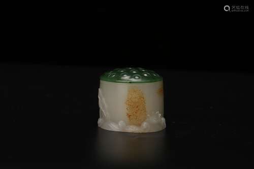 Chinese white jade thumb ring in jade box, Qianlong mark.