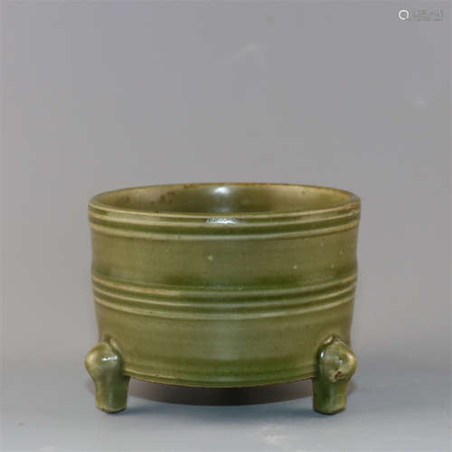 Chinese celadon glaze porcelain tripod incense burner.