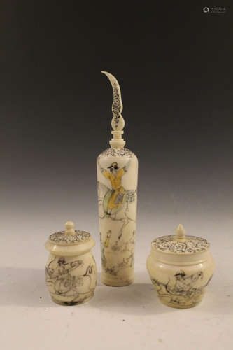 Three Chinese hand painted pieces, including one snuff bottle and two jars.