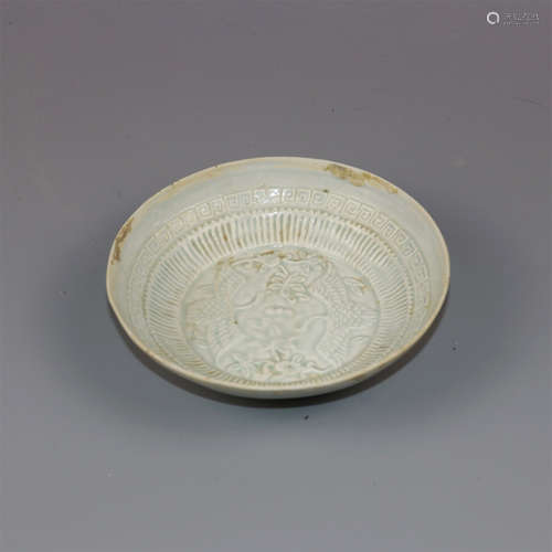 Chinese celadon glaze porcelain plate with phoenix decoration.