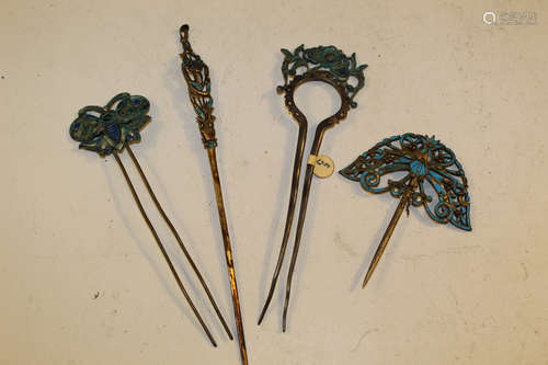 Four Chinese antique silver hairpins.