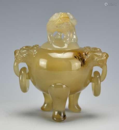 An Agate Tripot Censer and Cover, Qing D.