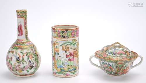 3 Cantonese Glazed Vase, Cup, Brushpot,19th C.