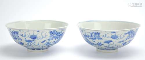 Pair of Chinese Blue and White Dragon Bowls,19th C