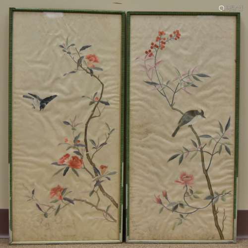 Two Chinese Embroideries w/ Sparrows & Blossoms