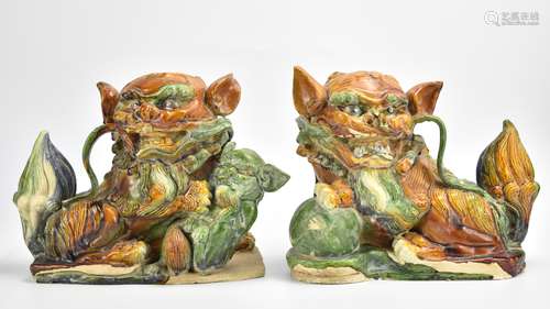 Pair of Sancai Glazed Porcelain Foo-Dogs