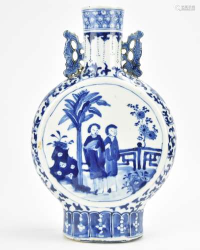 Blue and White Moonflask w/ Garden Viewers,19th C.