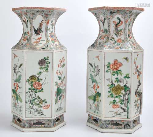 Pair of Chinese Famille Verte Hexagon Vases,18th C