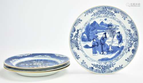 (4) Four Chinese Blue & White Plates,19th C.