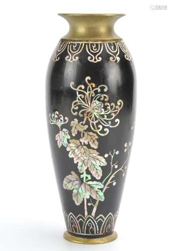 Brass w/ Black Lacquer inlaid MOP Vase, 20th C.