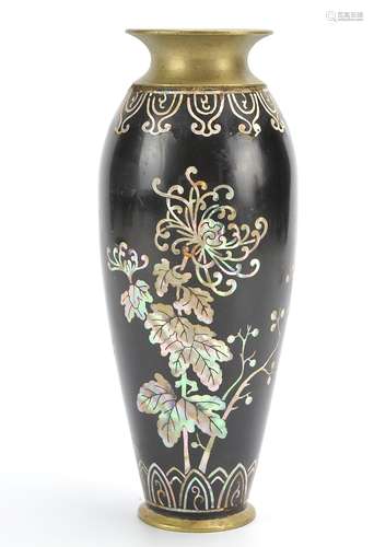 Brass w/ Black Lacquer inlaid MOP Vase, 20th C.