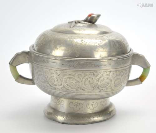 A Chinese Pewter Bowl, w/ Jade & Agate, ROC Period