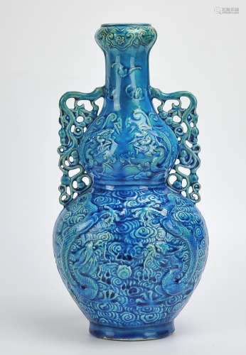 A Gourd-Shaped Blue Glazed Dragon Vase,20th C.