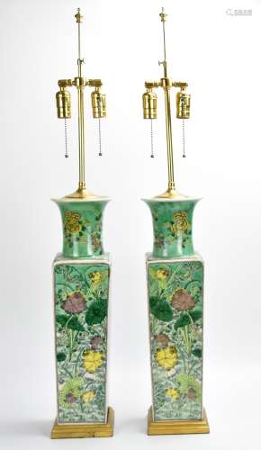 A Pair of Chinese Green Ground Sancai Vases MAL