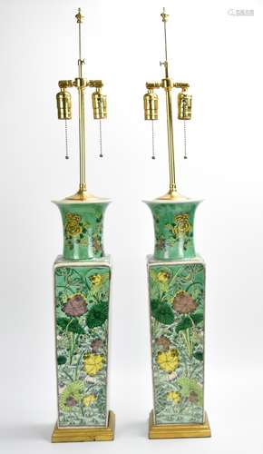 A Pair of Chinese Green Ground Sancai Vases MAL