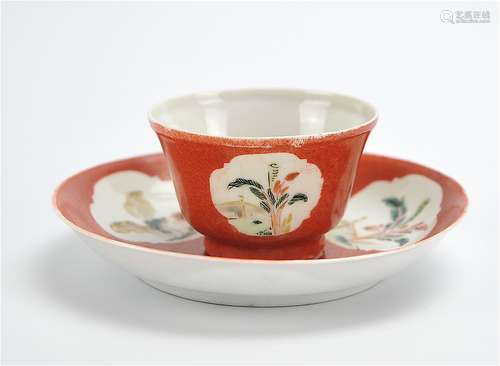 Chinese Coral Red Famille Rose Cup & Stand,18th C.