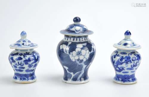 3 Miniature Blue& White Jars w/ Covers,19th C.