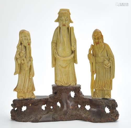 Three Chinese Soapstone Figures on Stand,Qing D.