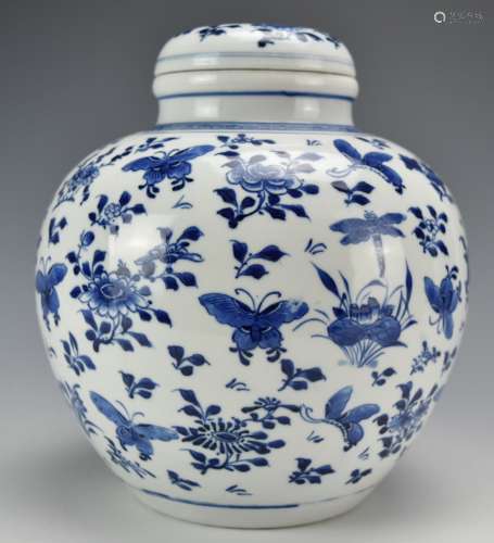 A Blue & White Butterfly Jar w/ Lid,19th C.
