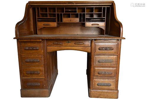 Oak Roll-Top Desk w/ Double Pedestal, Carved Pulls